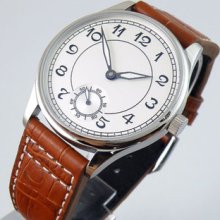 44mm Parnis White Dial Hand Winding Mens Watch 6498-1 Brown Leather Strap 030