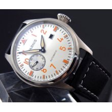 47mm Parnis White Dial Pilots Automatic Luxury Watch Date W024