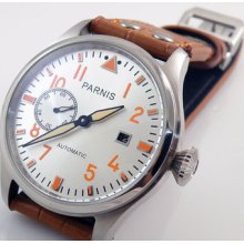 47mm Parnis White Dial Orange Number Big Pilot Automatic Mens Watch Date W024