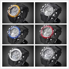 6 Colour Alarm Stopwatch Quartz Women Mens Analog Digital Sport Watch Black Band