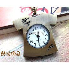 6pcs/lot Mix Order Quartz Pocket Watch With Necklace Brass T-shirts