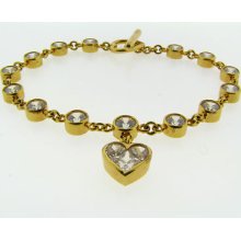 925 Sterling Silver Gold Vermeil Cz Link Heart Dangle Bracelet