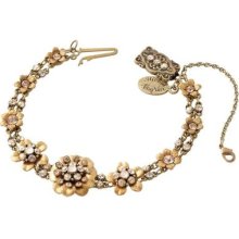 Adorable Bracelet By Michal Negrin W Pink, Beige Crystals & Gold Painted Flowers