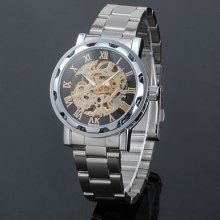 Ak Analog Stainless Steel Band Skeleton Mens Automatic Mechanical Wrist Watch