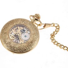 Ak Homme Classic Golden Tone Mens Fashion Unique Design Mechanical Pocket Watch