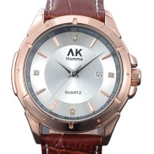 Ak-homme White Crystals Dial Brown Band Date Display Mens Quartz Wrist Watch