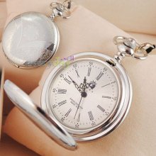 All Silver Plated Case Fashion Mechanical Handwind Unisex Pocket Watch W/chain