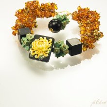 Amber bracelet, japanese style handmade jewelry, vintage button, turquoise and onyx - Fuji