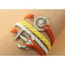 anchor bracelet-- compass pendant,Guide the direction of life,antique silver charm bracelet,white&yellow braid leather bracelet,MORE COLORS