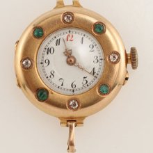 Antique 14k Yellow Gold Emerald Diamond Transitional Pocket Watch