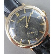 Antique 14k Yellow Rose Gold Lecoultre Round Black Face Leather Mens Watch 22042