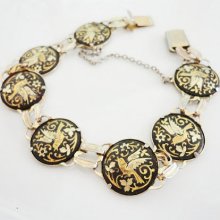 antique vintage damascene bracelet with birds and flowers motif long bracelet