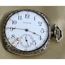 Auth Waltham Vtg Antique Men's 14kt White Gold Filled Manual Pocket Watch