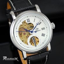 Automatic Mechanical Stylish White Skeleton Dial Pu Leather Men Cuff Watch + Box