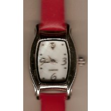 Avon Red Leather Silver Metal Ladies Quartz Watch NIB