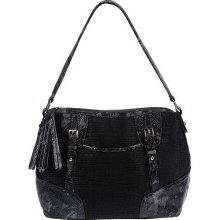 B.Makowsky SoftStrawZipTop Shoulder Bag with Python Print Leather - Black - One Size