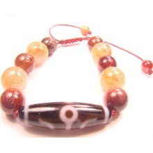 BA9949D3 Tibetan Great Personage Dzi Bead with 11/13mm Red/Yellow Rutilated Quartz Crystal Bead String Bracelet