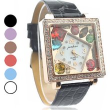 Band Women's Leather Analog Quartz Wrist Watch With Rhinstone Inlaid Colorful Square Dial (Assorted Colors)