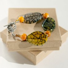 Beaded Bracelet, Green and Amber Beaded Bracelet with Amber Swirl Glass Beads and Leaf Toggle Clasp