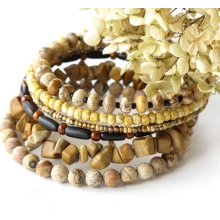 Beaded bracelet stack - wrap around 6x - stacking brown, beige & tan gemstone bangles