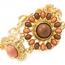 Beautiful Brown Colored Gold Tone Floral Design Toggle Lock Bracelet