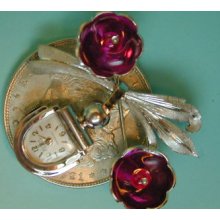 Beautiful Eloga 14k Solid White Gold Ruby Gemstone Deco Broach Watch 17j