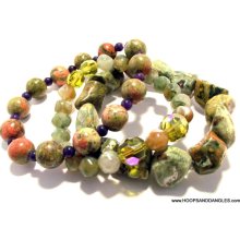 Beautiful Handmade Costume Jewelry Vintage Green Blue Gemstone and Glass Beaded Strech Bracelets 3pcs