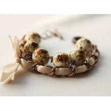 Beige Flowers Beads and Ivory Ribbon Bracelet