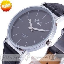 Best Concise Vintage Black Dial Men Quartz Wrist Watch Analog Thin Leather Clock