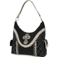 Black Beige Quilted Western Hobo Rhinestone Cross Handbag Purse