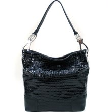 Black-- Chic Patent Croco Designer Ring Buckle Inspired Handbag Hobo