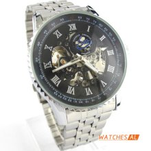 Black Dial Hollow Skeleton Self-wind Mechanical S/steel Analog Sport Mens Watch