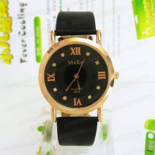 Black Golden Dial Leather Strap Women Quartz Crystal Wrist Watch Luxury M629b