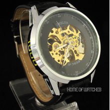 Black Hollow Skeleton Leather Band Automatic Mechanical Men's Wrist Watch