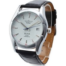 Black Pu Band Stainless Steel White Dial Auto Mechanical Casual Watch For Men