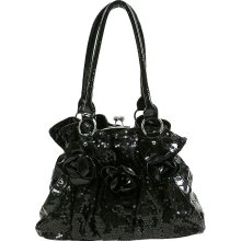 Black Sequin Patent Leather Twist Lock Handbag With Rosettes (HB01745)