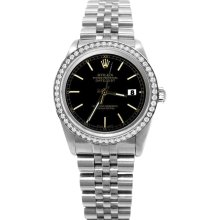 Black stick dial rolex date just SS jubilee diamond bezel datejust watch - Stainless Steel - Black