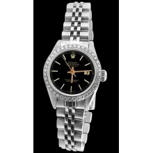 Black stick dial rolex date just watch diamond bezel SS jubilee bracelet lady - Stainless Steel - Black