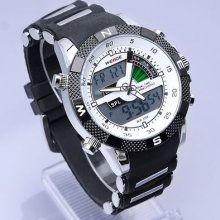 Black White Army Rubber Band Quartz Sport Swimming Waterproof Wrist Watch&box