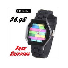 Black - Women's Quartz Wristwatch with Rubber Band & Colored Dial