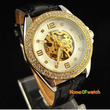 Bling Crystal Golden Hollow Skeleton Automatic Mechanical Women Lady Wrist Watch