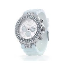 Bling jewelry Geneva Rubber Sillicone CZ Bezel Chronograph White Watch