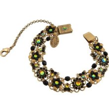 Bracelet By Michal Negrin With Green & Black Crystals, Flowers & Glass Beads