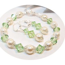 Bracelet, Earrings, Mint Green, Peridot, Bridesmaid Jewelry, Summer, Crystal, Pearl, Bridal Jewelry, Birthstone Jewelry, Wedding