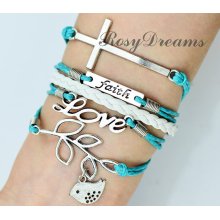 Bracelet-faith, love,cross & love bird Charm Bracelet--Silver, Wax Cords and Leather Braided Bracelet-Best Gift,friendship bracelet