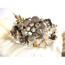 Bridal bracelet wedding jewelry - statement cuff in soft shades of charcoal grey with sparkling aurora borealis chrystals