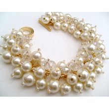 Bridal Jewelry, Wedding, Pearl Bridesmaid Bracelet, Cluster Bracelet, Pearl Bracelet, Ivory Pearl Jewelry - Bliss - Gold Plated