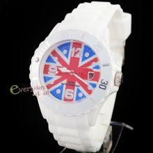 British Flag Case Pure White Frame Silica Gels Band Analogue Calendar Quartz Uk