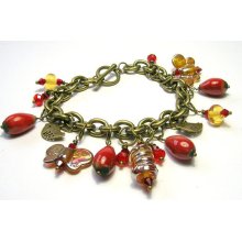 Bronze, Topaz and Red Handmade Beaded Charm Bracelet