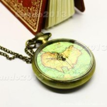 Bronzed China Map Quartz Pocket Watch Flower Shading Chain Cng Necklace Fobwatch